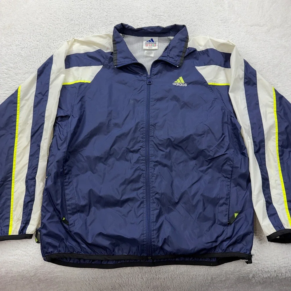 Vintage Adidas Windbreaker Jacket Mens Large Navy Blue White Neon Full Zip‎ 90s